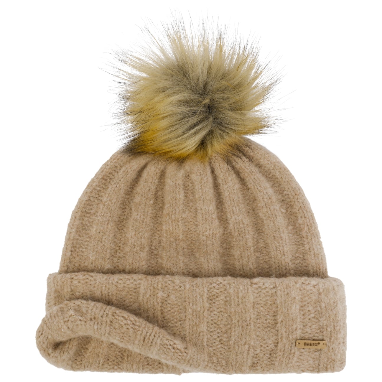 Cappello invernale in lana e alpaca con pon pon nero e beige