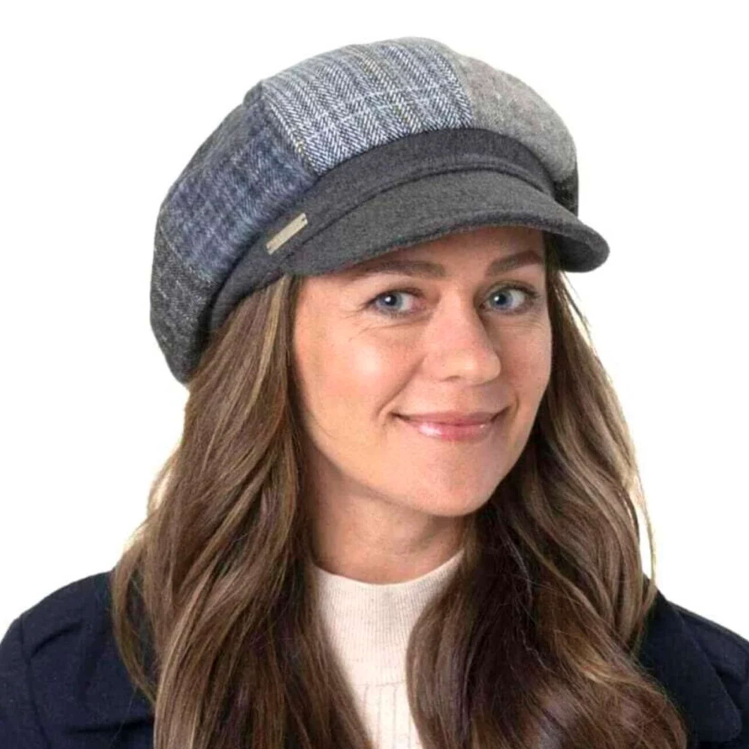 Cappello Da Sole Donna M195 In Cotone Grigio A Righe, Modello Newsboy Con Orlo, Estate