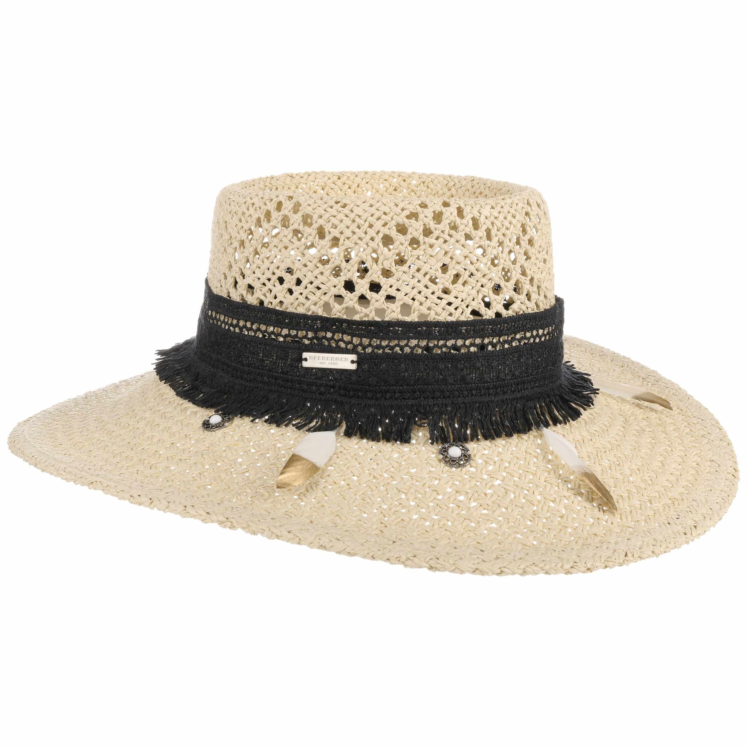 Seeberger Cappello Cloche Di Paglia Da Donna Con Nastro Grosgrain E Piuma - Taglia Unica 54-56 Cm, Ideale Per Cerimonie, Primavera/Estate, Eleganza Classica