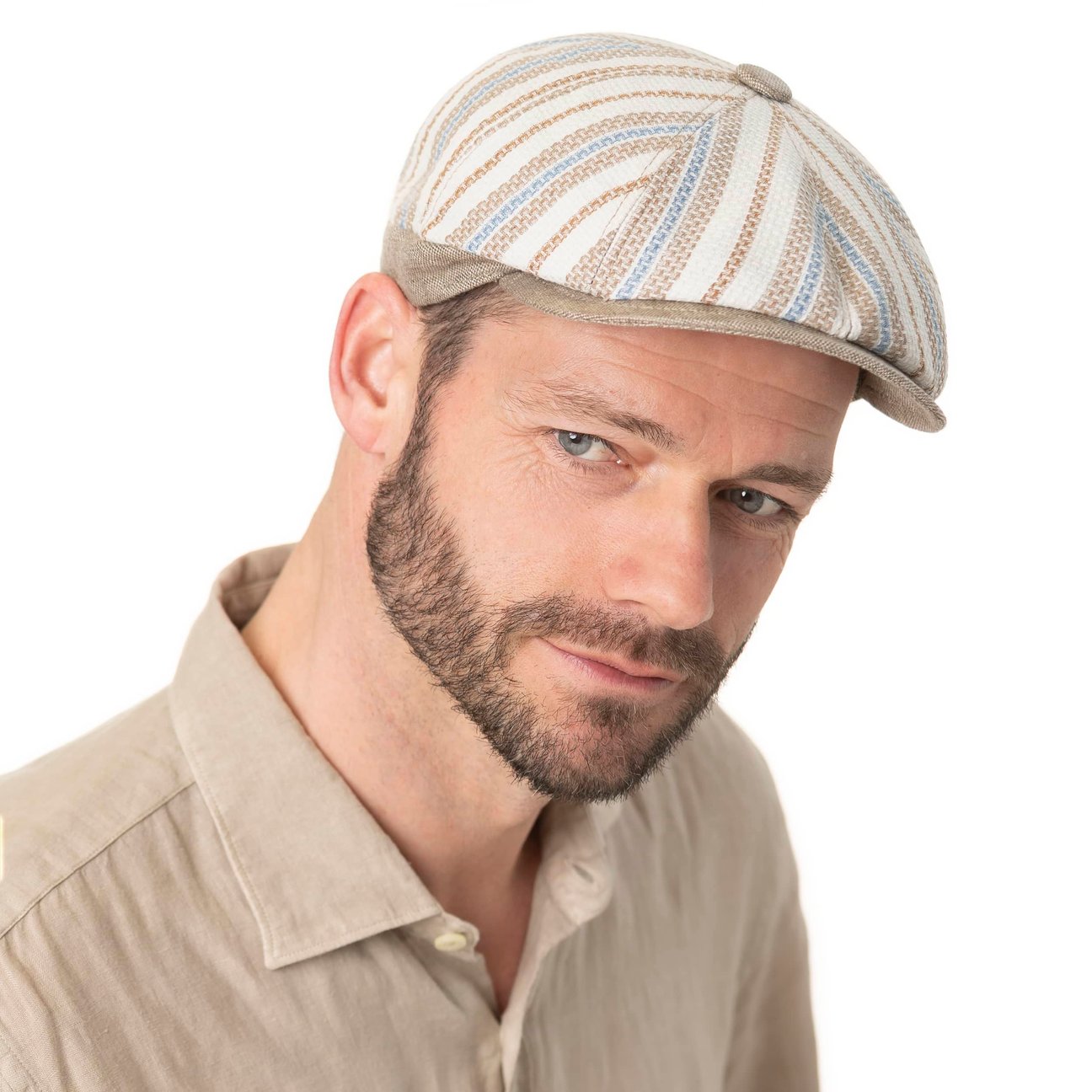 LIERYS Coppola In Lino Twotone Contrast Uomo - Made Italy Cappello Piatto Con Visiera Fodera 340892