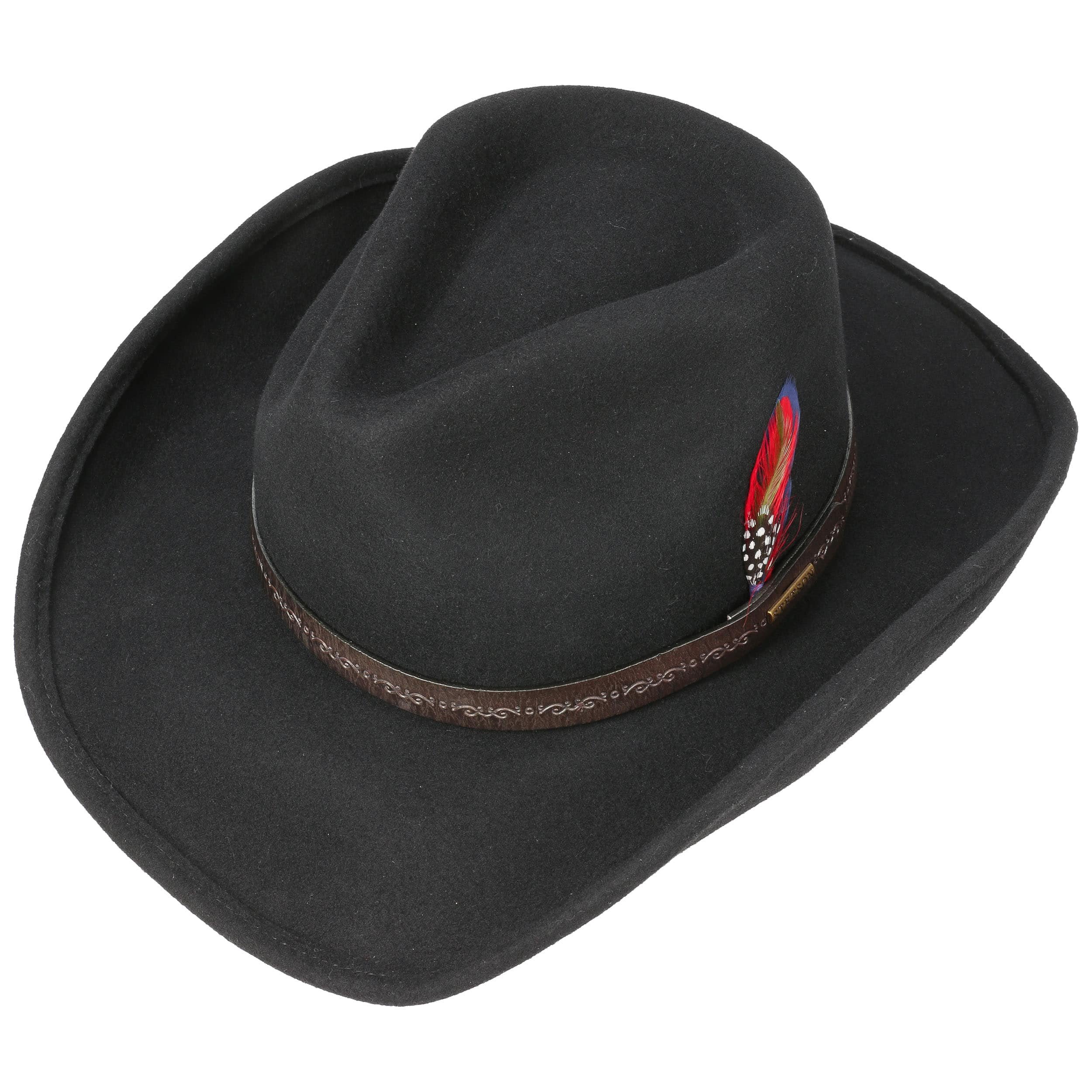 Cappello Da Cowboy In Lana 100% – Unisex, Classico Nero Con Fascia Decorativa – Feltro Morbido, Taglia Unica Fino A 61 Cm - 2
