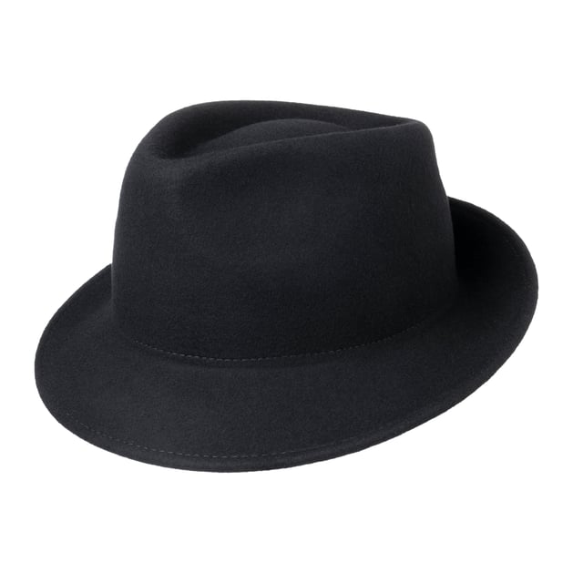Cappello Trilby In Feltro Di Lana 100% - Made In Italy, Taglia 56 Cm, Nero, Altezza Cupola 10,5 Cm, Tesa 4,5 Cm